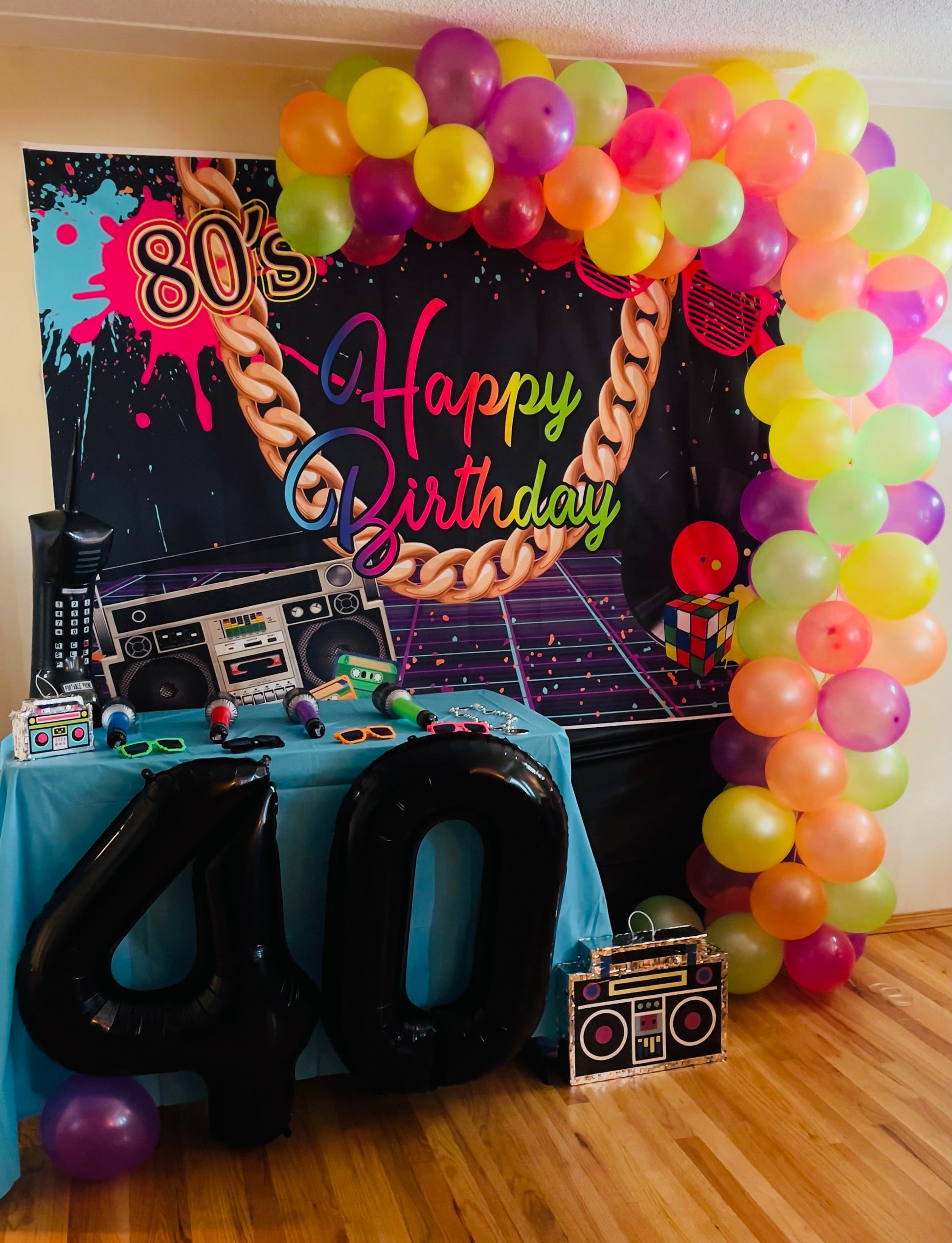 Mocsicka 80s Theme Party Supplies Big Gold Chain and Retro Radio Happy Birthday Backdrop-Mocsicka Party