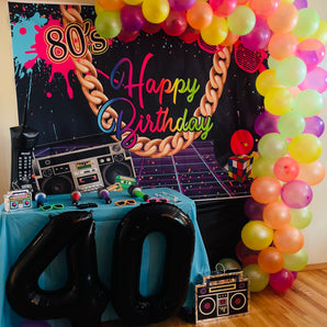 Mocsicka 80s Theme Party Supplies Big Gold Chain and Retro Radio Happy Birthday Backdrop-Mocsicka Party