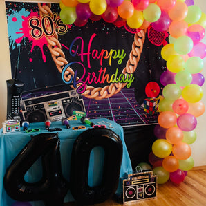Mocsicka 80s Theme Party Supplies Big Gold Chain and Retro Radio Happy Birthday Backdrop-Mocsicka Party