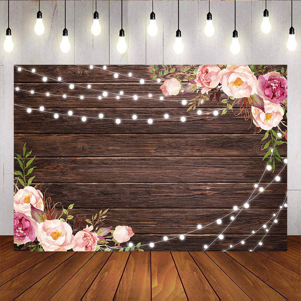 Mocsicka Wooden Floor and Flowers Glowing Dots Bridal Shower Background-Mocsicka Party
