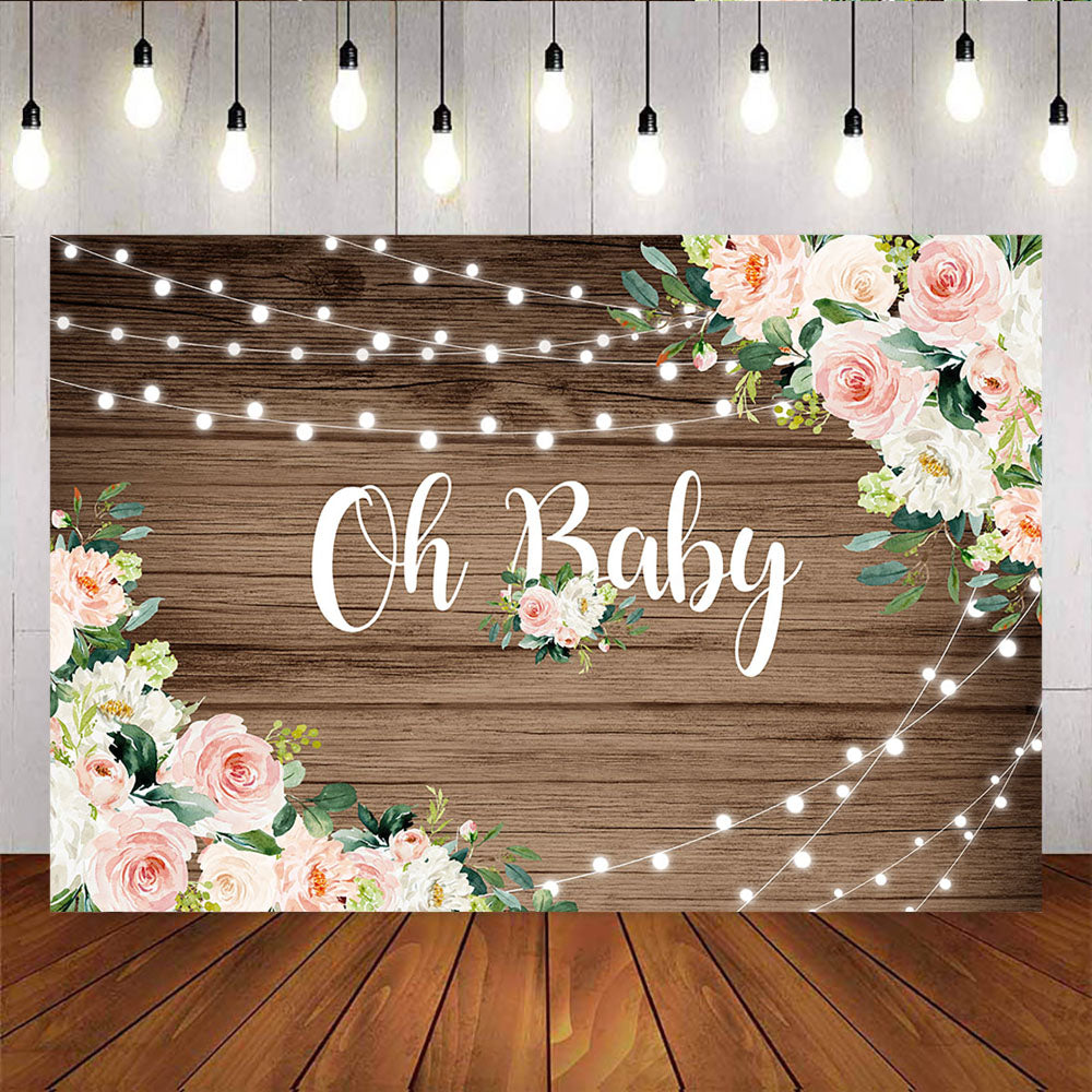 Mocsicka Oh Baby Wooden Floor and Flowers Glowing Dots Baby Shower Background-Mocsicka Party