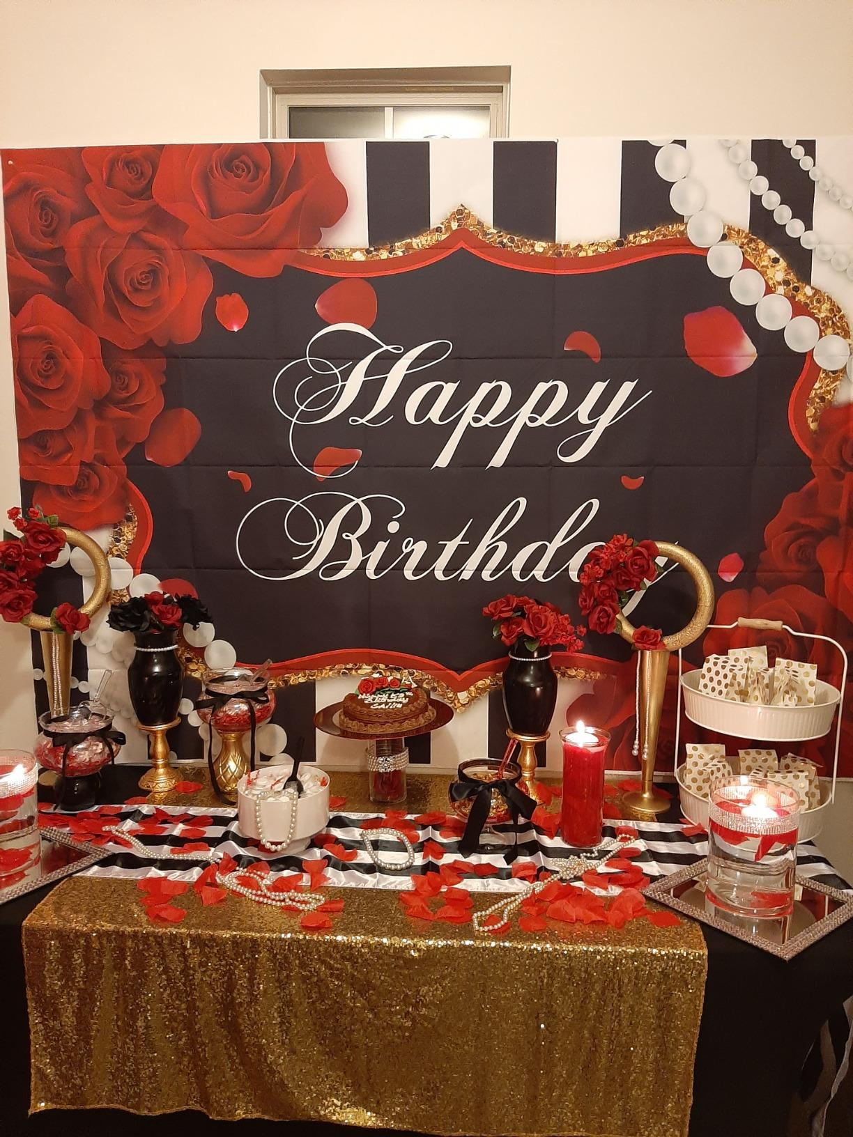 Mocsicka Red Rose and Pearl Backdrop Black Stripes Happy Birthday Background-Mocsicka Party