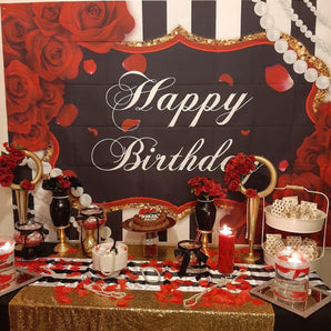Mocsicka Red Rose and Pearl Backdrop Black Stripes Happy Birthday Background-Mocsicka Party