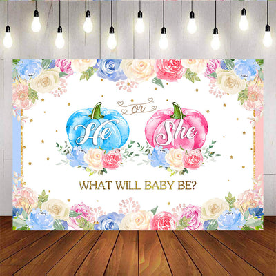 Mocsicka He or She Pumpkins and Flowers Gender Reveal Baby Shower Back Drop-Mocsicka Party