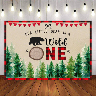 Mocsicka Our Little Bear is A Wild One Backdrop Forest and Red Plaid Decoration Prop-Mocsicka Party