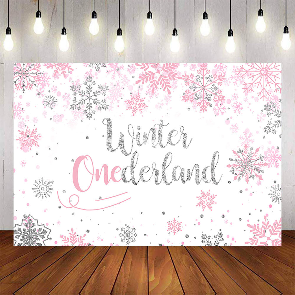 Mocsicka Winter Onederland Sliver and PInk Snowflakes Baby Shower Backdrops-Mocsicka Party