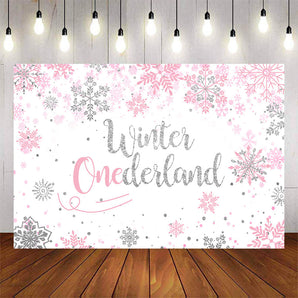 Mocsicka Winter Onederland Sliver and PInk Snowflakes Baby Shower Backdrops-Mocsicka Party