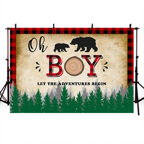 Mocsicka Oh Boy Let the Adventure Begin Forest and Bear Baby Shower Backdrop