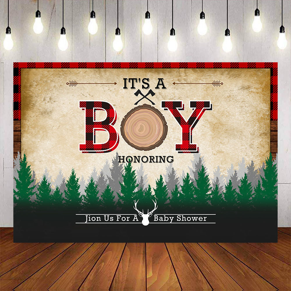 Mocsicka It's A Boy Lumberjack and Red Plaid Forest Baby Shower Backdrops-Mocsicka Party