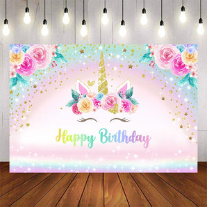 Mocsicka Gold Unicorn Flowers and Rainbow Happy Birthday Party Backdrops-Mocsicka Party