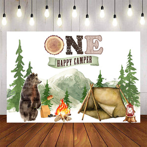 Mocsicka One Theme Happy Camper Forest and Bear 1st Birthday Party Backdrop-Mocsicka Party
