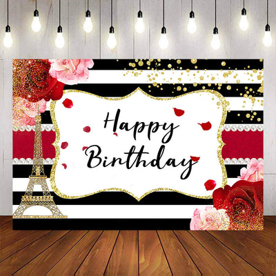 Mocsicka Golden Eiffel Tower Red Rose and Stripes Happy Birthday Backdrop-Mocsicka Party