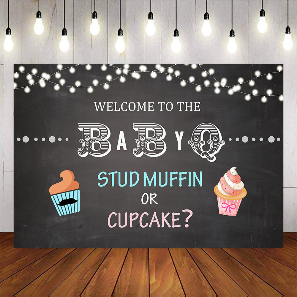 Mocsicka Studmuffin or Cupcake Gender Reveal Backdrop Welcome to the BaByQ Baby Shower Backdrop-Mocsicka Party