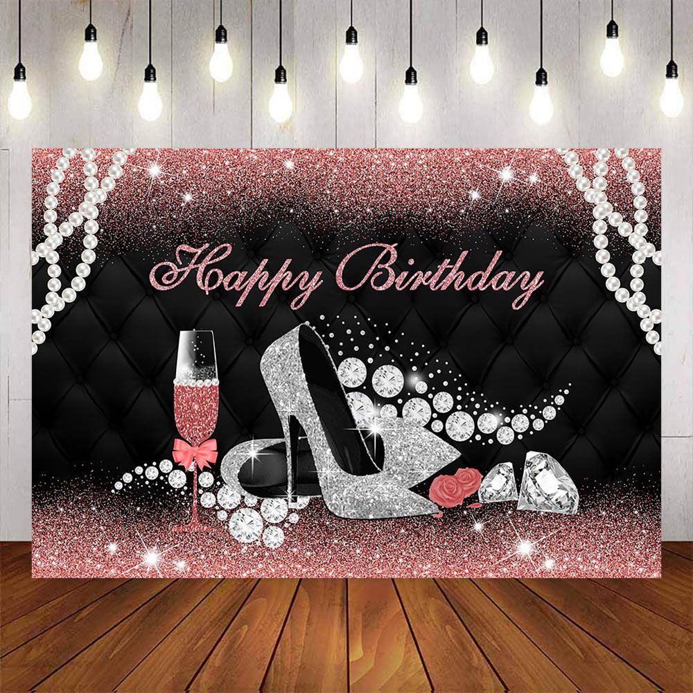 Mocsicka Pink Champagne High Heels Birthday Backdrop Diamonds Pearls Photo Background-Mocsicka Party