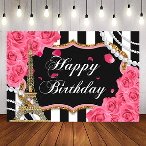 Mocsicka Pink Rose Pearls and Stripes Happy Adult Birthday Party Decor-Mocsicka Party
