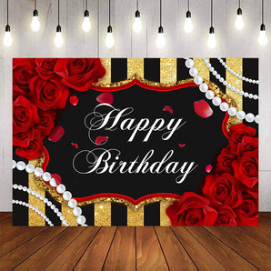 Mocsicka Red Rose Pearls and Stripes Happy Birthday Party Backdrops-Mocsicka Party