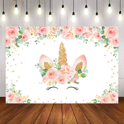 Mocsicka Girl Unicorn and Pink Flowers Happy Birthday Background-Mocsicka Party