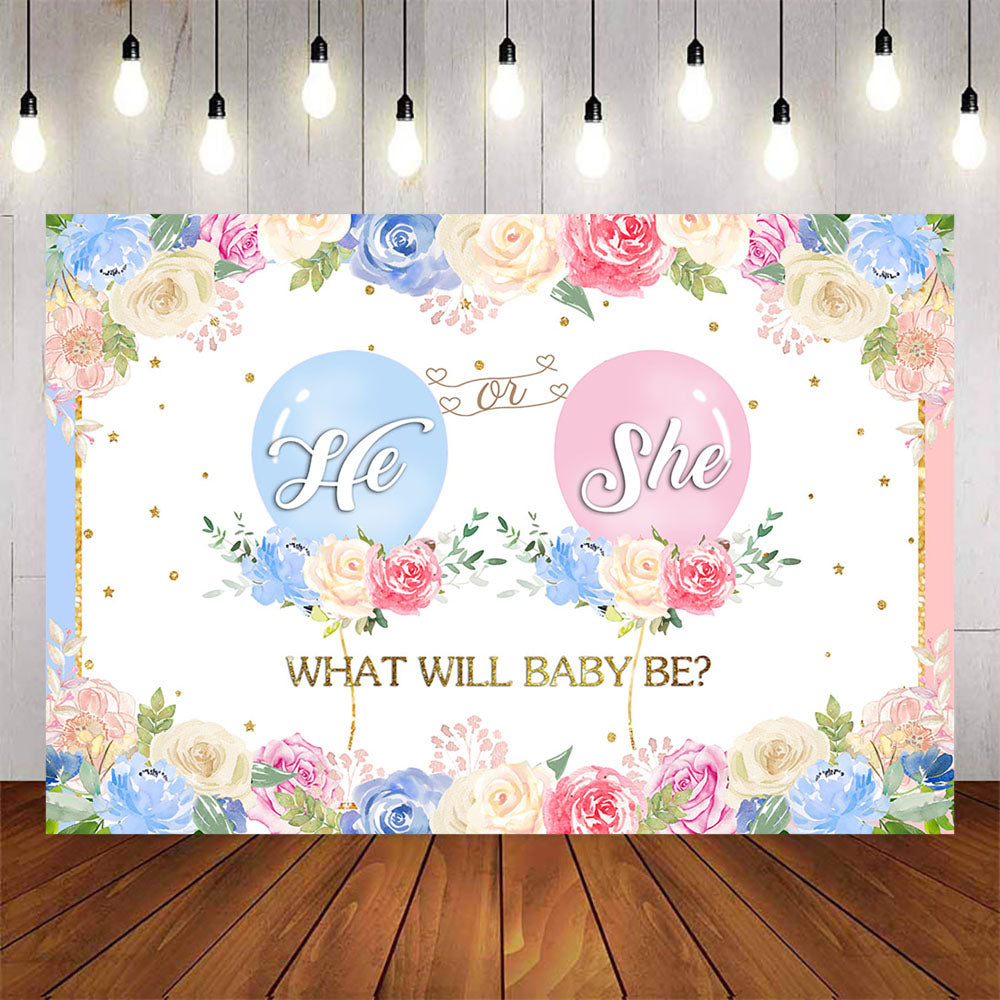 Mocsicka He or She Gender Reveal Balloons and Flowers Baby Shower Back Drop-Mocsicka Party