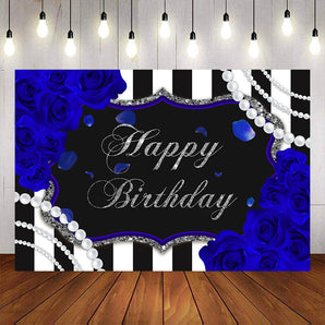 Mocsicka Blue Rose and Pearls Black White Stripes Birthday Backdrop-Mocsicka Party