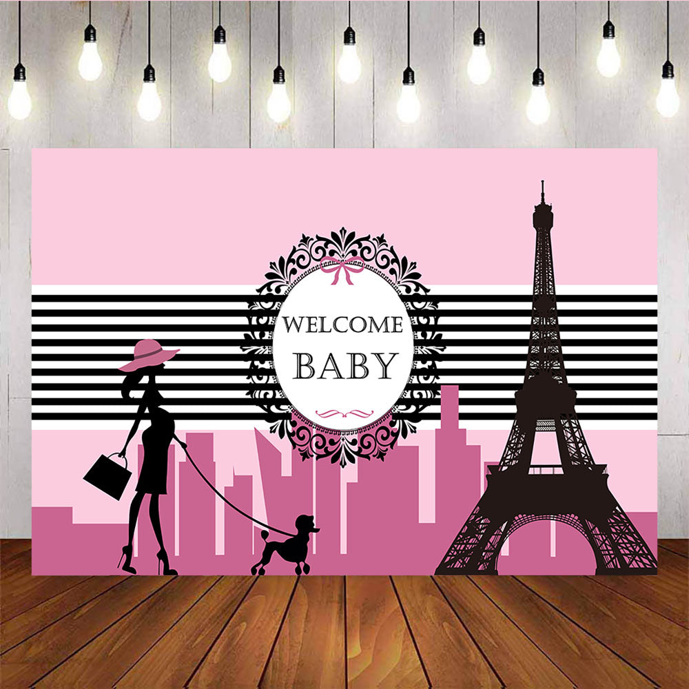 Mocsicka Ready to Pop Baby Shower Backdrop Eiffel Tower Pink Background-Mocsicka Party