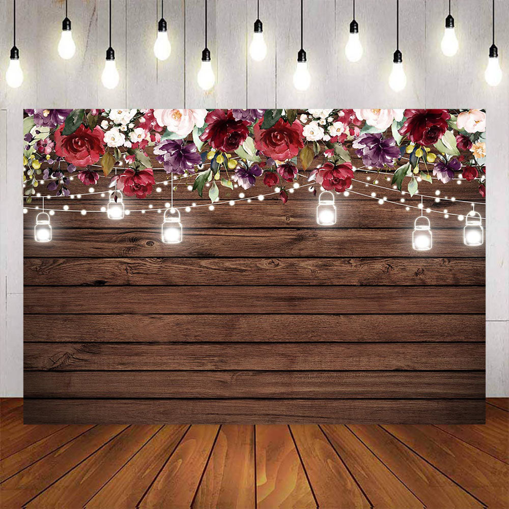 Mocsicka Wooden Board Flowers and Bottle Lights Photo Backdrop-Mocsicka Party