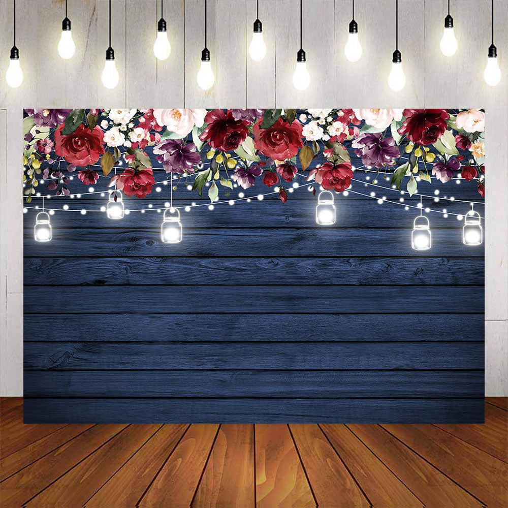 Mocsicka Blue Board Flowers and Bottle Lights Photo Backdrops-Mocsicka Party