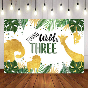 Mocsicka Wild Three Gold Animals Plam Leaves Birthday Party Backdrop-Mocsicka Party