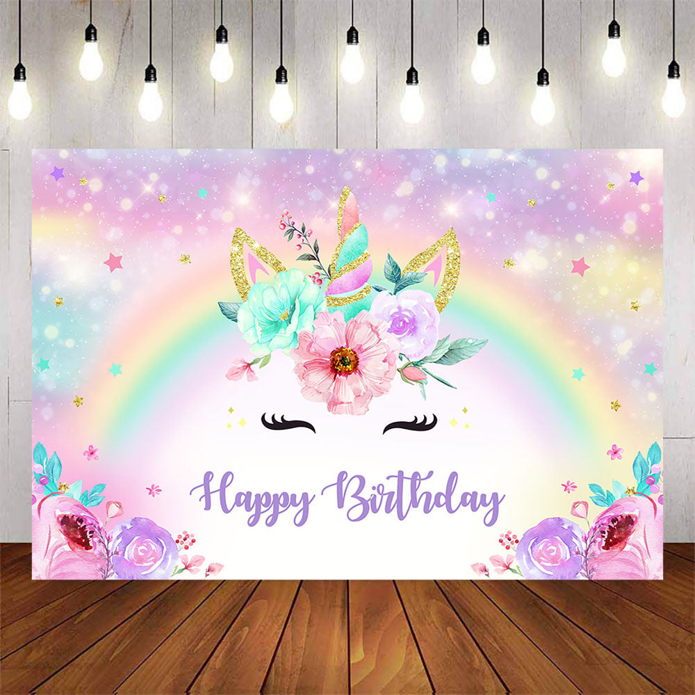 Mocsicka Flowers and Rainbow Unicorn Happy Birthday Backdrops-Mocsicka Party