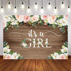 Mocsicka It's A Girl Wooden Floor and Flowers Baby Shower Backdrop-Mocsicka Party