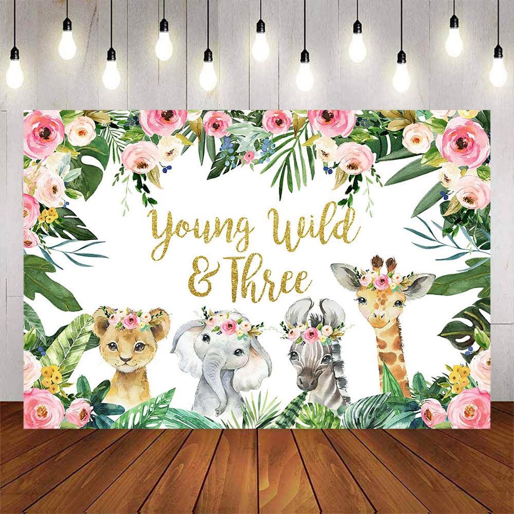 Mocsicka Young Wild Three Little Animals Plam Leaves Birthday Backdrop-Mocsicka Party