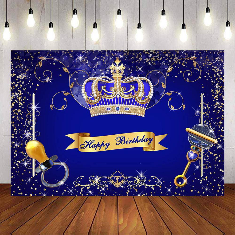 Mocsicka Blue Golden Crown Happy Birthday Party Backdrop-Mocsicka Party