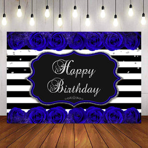 Mocsicka Blue Roses and Stripes Happy Birthday Party Backdrop-Mocsicka Party