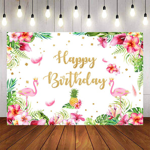 Mocsicka Spring Floral and Flamingo Happy Birthday Backdrop-Mocsicka Party