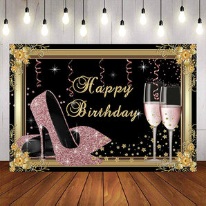 Mocsicka Pink Champagne and High Heels Happy Birthday backdrop-Mocsicka Party