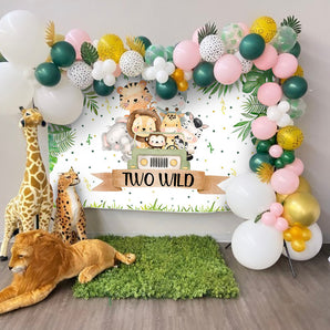 Mocsicka Two Wild Little Animals Plam Leaves Baby Shower Backdrop-Mocsicka Party