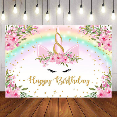 Mocsicka Unicorn Theme Flowers and Rainbow Happy Birthday Backdrop-Mocsicka Party