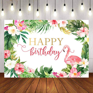 Mocsicka Pink Flamingo and Plam Leaves Happy Birthday Backdrop-Mocsicka Party