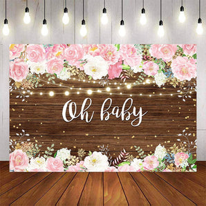 Mocsicka Pink Flowers Wooden Floor Oh Baby Shower Backdrop-Mocsicka Party