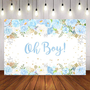 Mocsicka Blue Flowers Wooden Floor Oh Boy Baby Shower Backdrop-Mocsicka Party