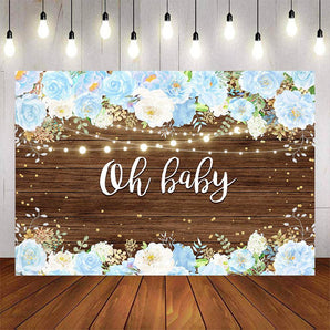 Mocsicka Blue Flowers Wooden Floor Oh Baby Shower Backdrop-Mocsicka Party