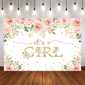 Mocsicka It's a Girl Pink Flowers and Gold Dots Baby Shower Backdrop-Mocsicka Party