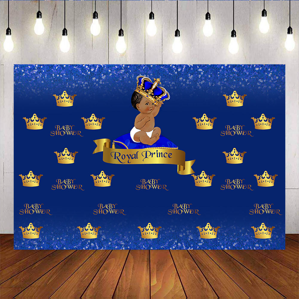 Mocsicka Royal Prince Baby Shower Backdrop Golden Crowns Blue Back Ground-Mocsicka Party