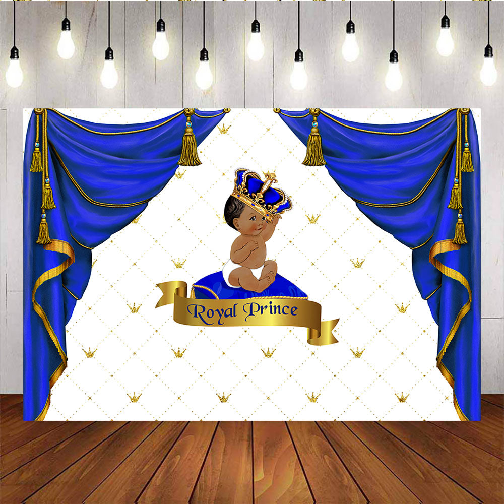 Mocsicka Royal Prince Baby Shower Backdrop Golden Crowns Blue Curtain Background-Mocsicka Party