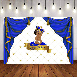 Mocsicka Royal Prince Baby Shower Backdrop Golden Crowns Blue Curtain Background-Mocsicka Party