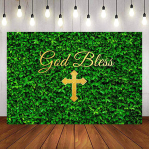 Mocsicka Gold Cross and Green Grass Baby Shower Background-Mocsicka Party