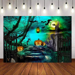 Mocsicka Happy Halloween Pumpkin and Castle Photo Backdrop-Mocsicka Party