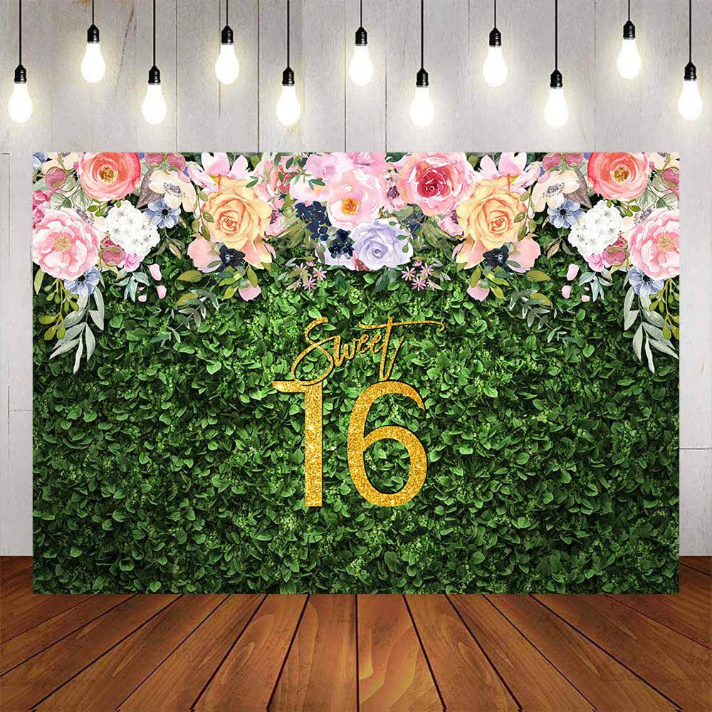Mocsicka Flowers and Green Grass Sweet 16 Birthday Backdrop-Mocsicka Party