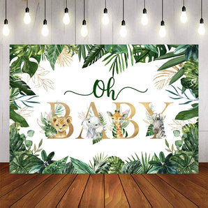 Mocsicka Wild Animals and Plam Leaves Oh Baby Shower Backdrop