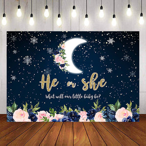 Mocsicka Night Moon and Snowflakes He or She Gender Reveal Backdrops-Mocsicka Party