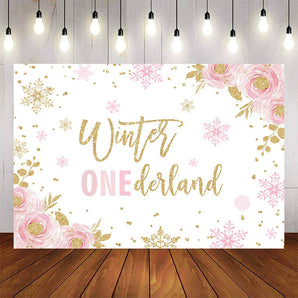 Mocsicka Pink and Gold Snowflakes Winter Wonderland Baby Shower Backdrop-Mocsicka Party